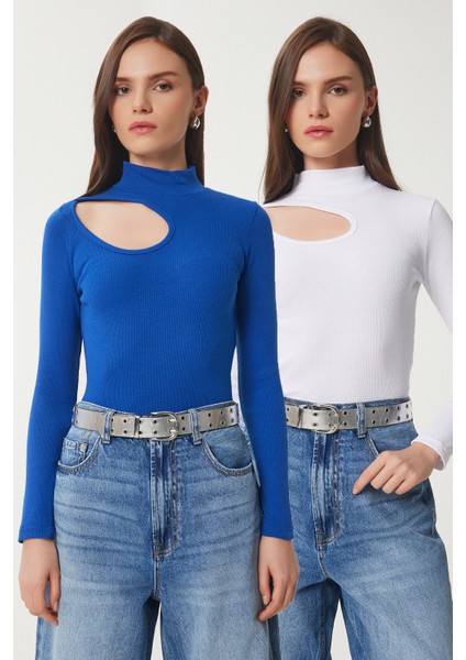 2'li Paket Cut Out Detaylı Fitilli Örme Bluz Koyu Mavi Beyaz LGT0034