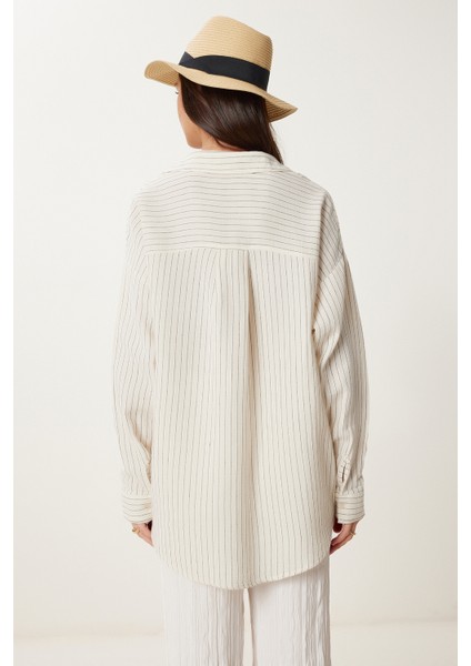 Çizgili Oversize Keten Gömlek