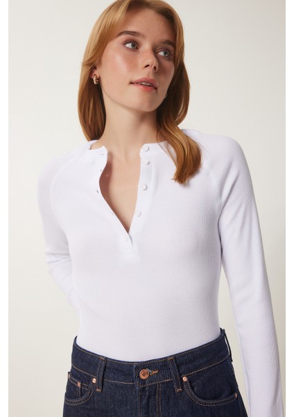 Düğmeli Fitilli Basic Örme Bluz