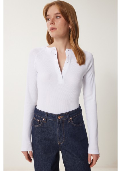 Düğmeli Fitilli Basic Örme Bluz