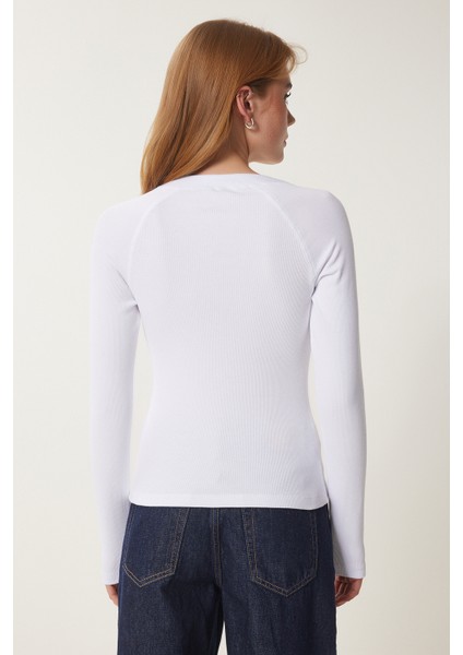 Düğmeli Fitilli Basic Örme Bluz