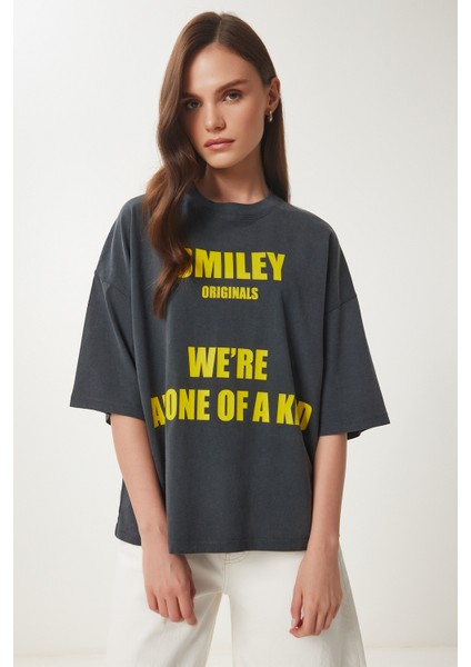 Baskılı Oversize Yıkamalı Örme T-Shirt modelleri