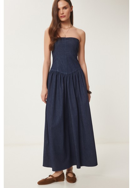 Straplez Midi Denim Elbise