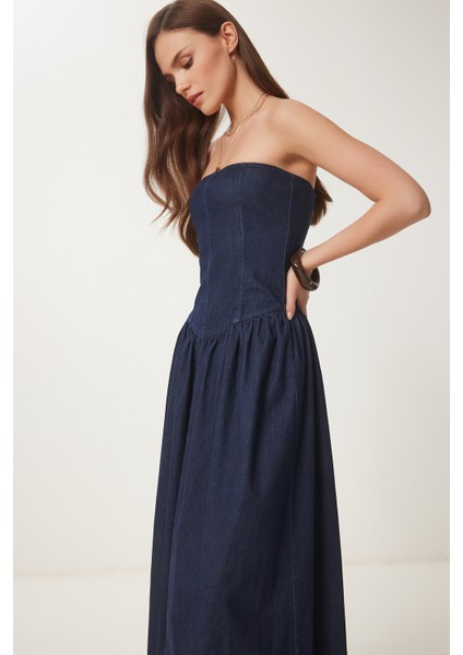 Straplez Midi Denim Elbise