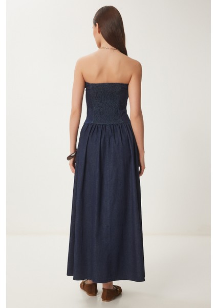 Straplez Midi Denim Elbise