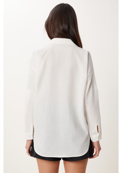 Nakış Detaylı Oversize Keten Gömlek
