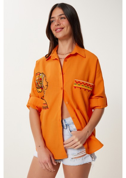 Nakış Detaylı Oversize Keten Gömlek