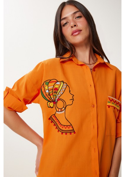 Nakış Detaylı Oversize Keten Gömlek