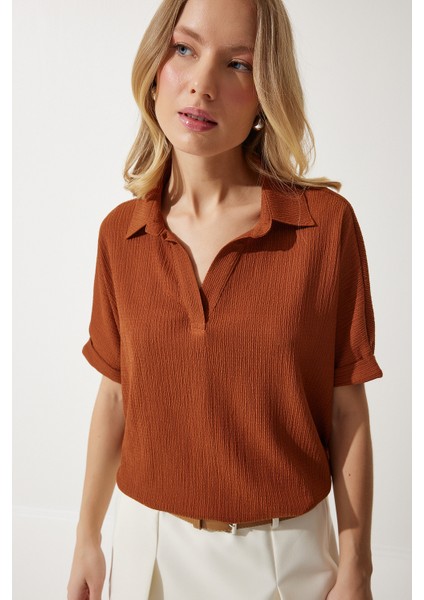 Polo Yaka Örme Krinkıl Bluz