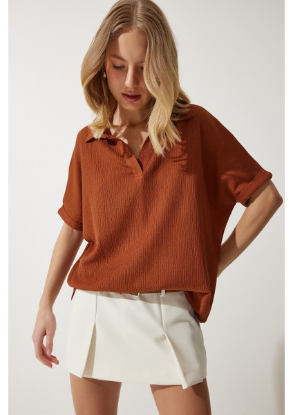 Polo Yaka Örme Krinkıl Bluz