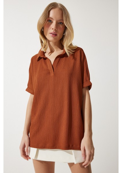 Polo Yaka Örme Krinkıl Bluz