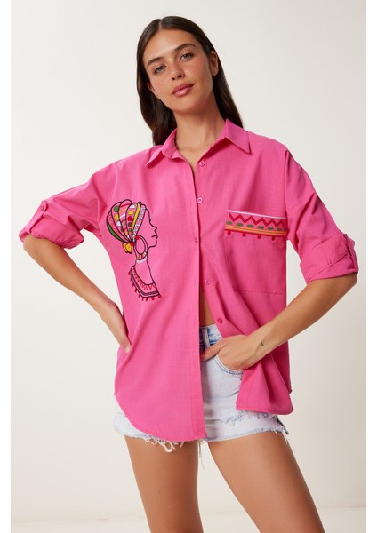 Nakış Detaylı Oversize Keten Gömlek