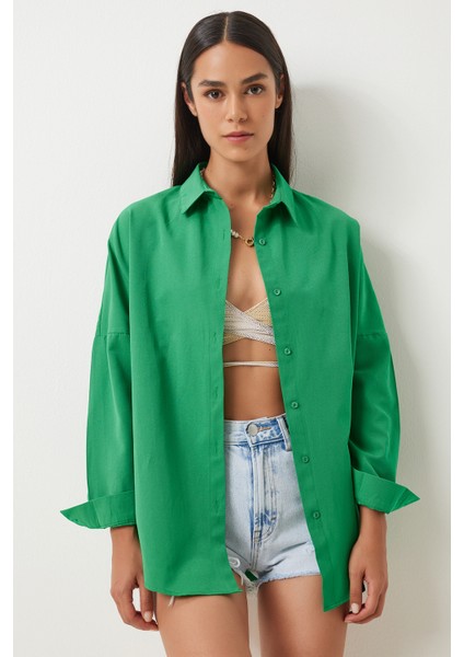 Oversize Basic Gömlek LDD0003 CANLI YEŞİL