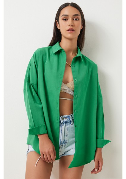 Oversize Basic Gömlek LDD0003 CANLI YEŞİL modelleri