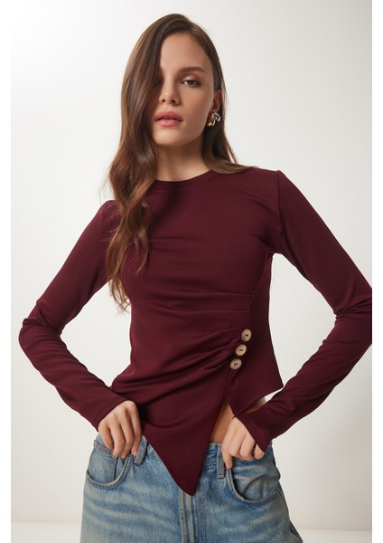 Düğmeli Büzgülü Asimetrik Kesim Örme Bluz modelleri