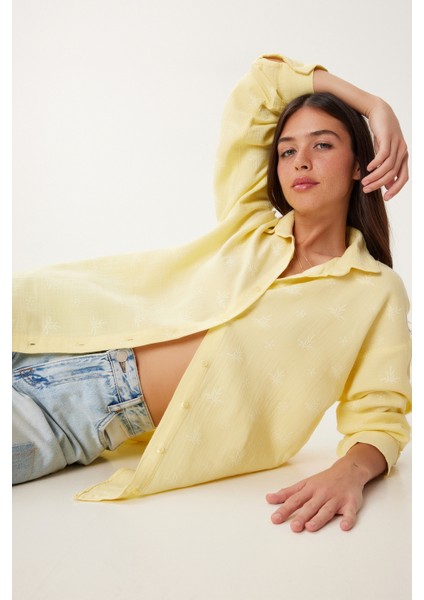Kabartma Dokulu Müslin Gömlek LDP0062 SARI