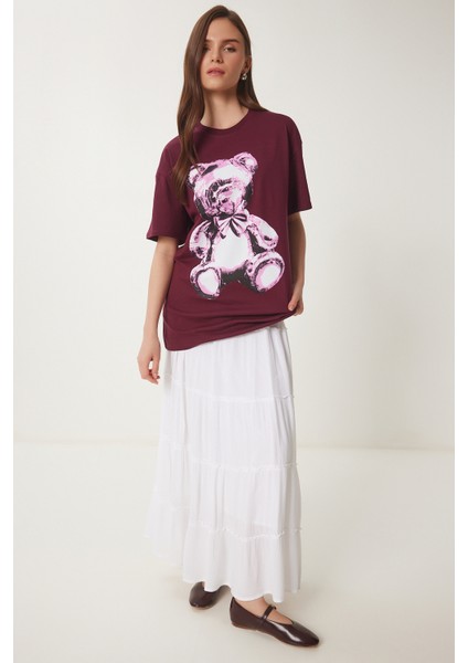 Ayıcık Baskılı Pamuklu Oversize Örme T-Shirt
