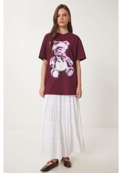 Ayıcık Baskılı Pamuklu Oversize Örme T-Shirt