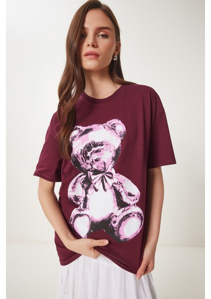 Ayıcık Baskılı Pamuklu Oversize Örme T-Shirt