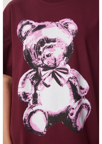 Ayıcık Baskılı Pamuklu Oversize Örme T-Shirt