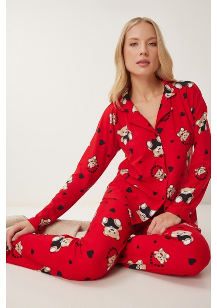 Ayıcık Desenli Gömlek Pantolon Örme Pijama Takımı
