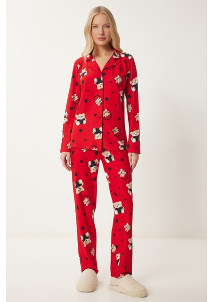 Ayıcık Desenli Gömlek Pantolon Örme Pijama Takımı