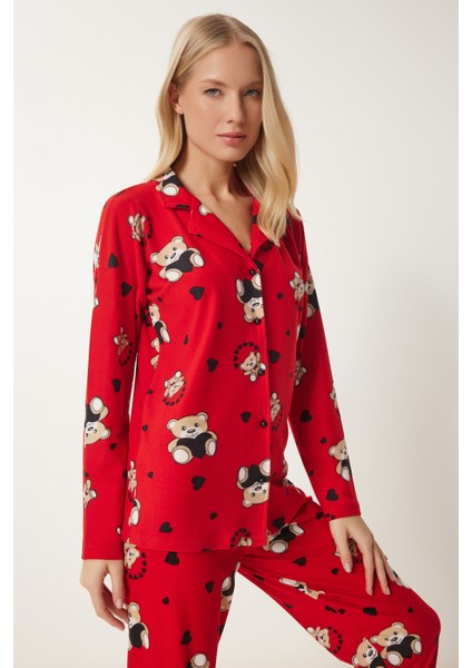 Ayıcık Desenli Gömlek Pantolon Örme Pijama Takımı