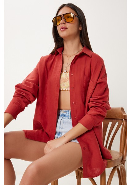 Oversize Basic Müslin Gömlek LMX0002 KİREMİT