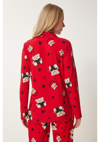 Ayıcık Desenli Gömlek Pantolon Örme Pijama Takımı