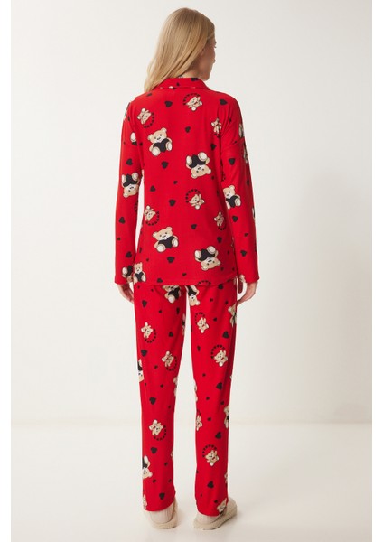 Ayıcık Desenli Gömlek Pantolon Örme Pijama Takımı