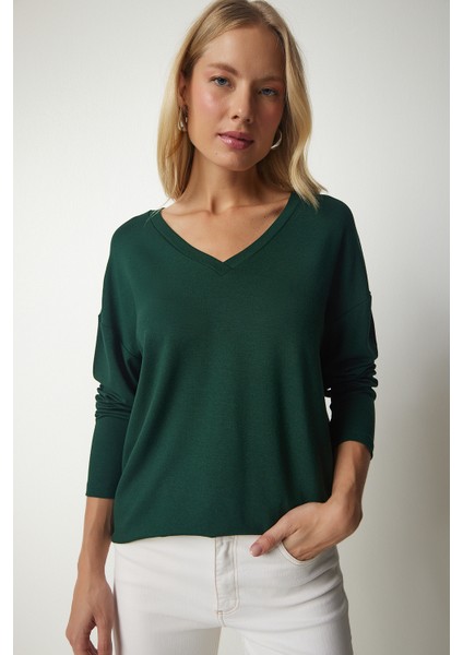 V Yaka Triko Bluz LUB0047 ZÜMRÜT YEŞİLİ