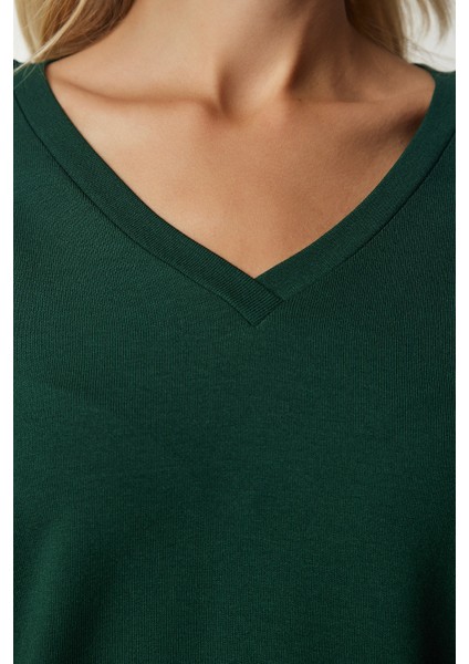 V Yaka Triko Bluz LUB0047 ZÜMRÜT YEŞİLİ fırsatları