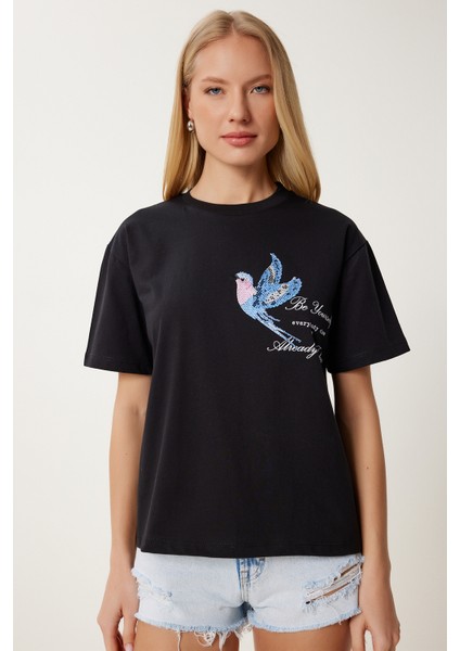 Boncuk Detaylı Baskılı Örme T-Shirt modelleri