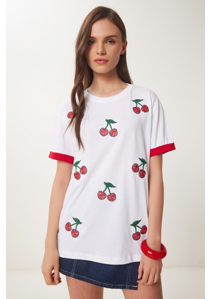 Boncuklu Nakış Işlemeli Örme T-Shirt