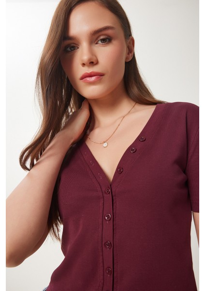 Düğmeli Basic Örme Bluz