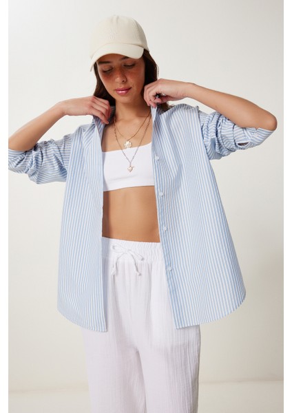 Çizgili Oversize Dokuma Poplin Gömlek