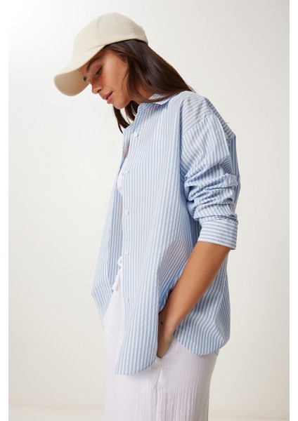 Çizgili Oversize Dokuma Poplin Gömlek