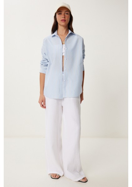 Çizgili Oversize Dokuma Poplin Gömlek