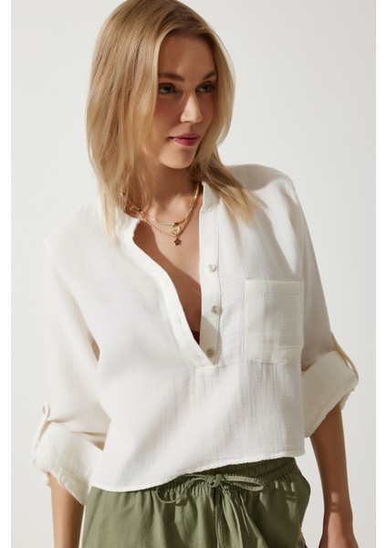 Hakim Yaka Premium Müslin Gömlek Bluz LRG0016 EKRU