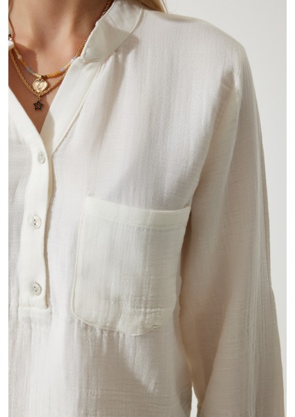 Hakim Yaka Premium Müslin Gömlek Bluz LRG0016 EKRU modelleri