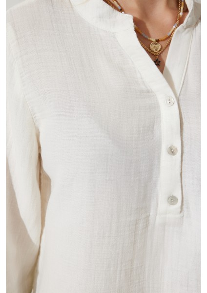 Hakim Yaka Premium Müslin Gömlek Bluz LRG0016 EKRU fırsatları