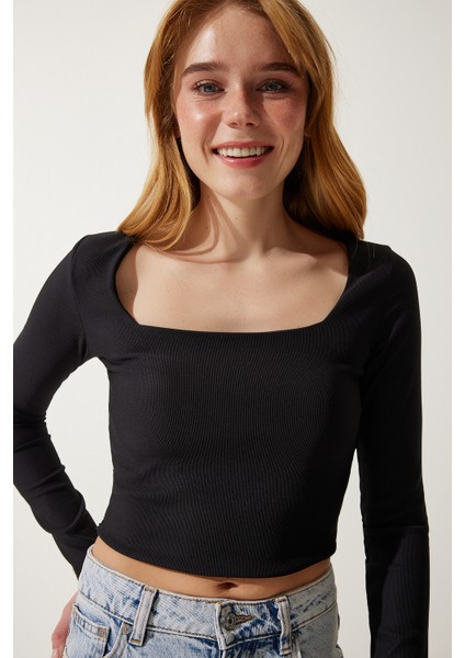 Kare Yaka Fitilli Crop Örme Bluz 1078 LAN0013 SİYAH fiyatları
