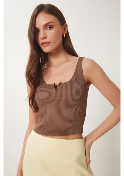 Gold Aksesuarlı Crop Fitilli Triko Bluz