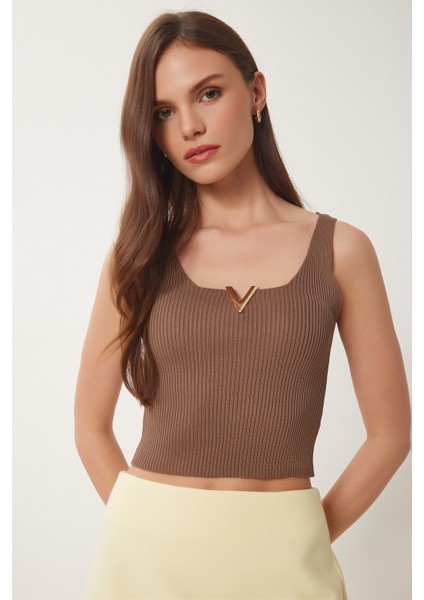 Gold Aksesuarlı Crop Fitilli Triko Bluz