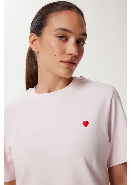 Kalp Nakışlı Pamuklu Örme T-Shirt