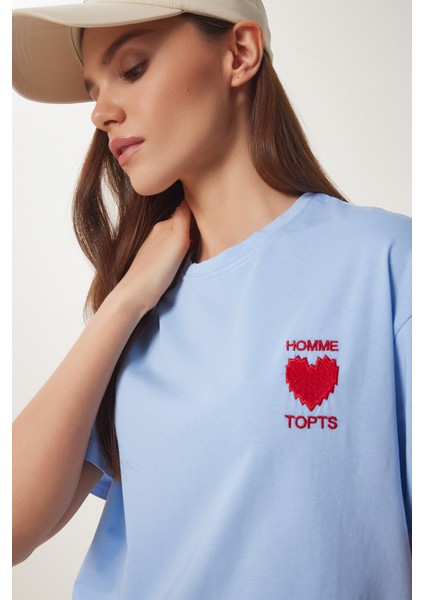 Kalp Nakışlı Pamuklu Örme T-Shirt