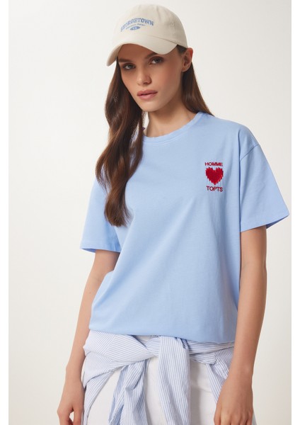 Kalp Nakışlı Pamuklu Örme T-Shirt