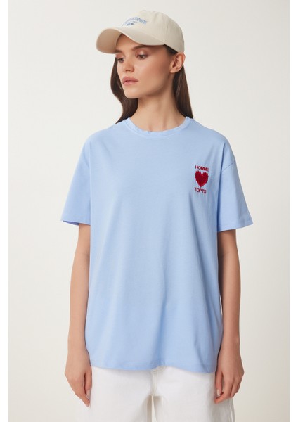 Kalp Nakışlı Pamuklu Örme T-Shirt