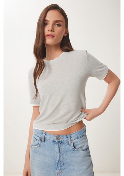 Kontrast Şerit Detaylı Örme T-Shirt