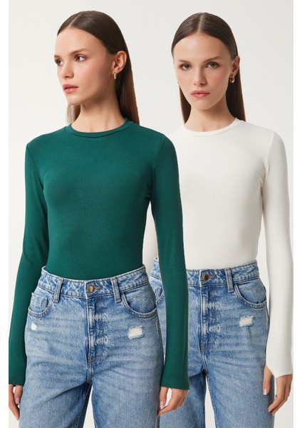 2' Li Paket Bisiklet Yaka Parmak Geçmeli Basic Örme Bluz Ekru Zümrüt Yeşili LCR0011